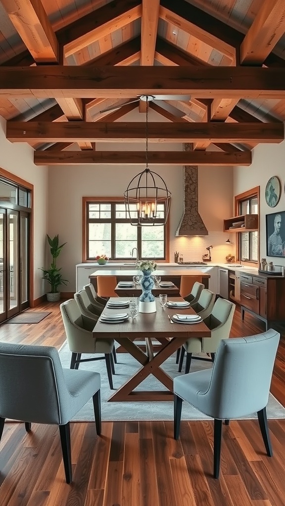 A dining area featuring rustic wooden beams, modern furniture, and a cozy atmosphere.