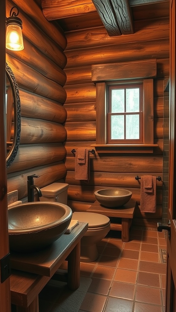 Rustic mountain lodge bathroom with wooden walls and cozy decor.