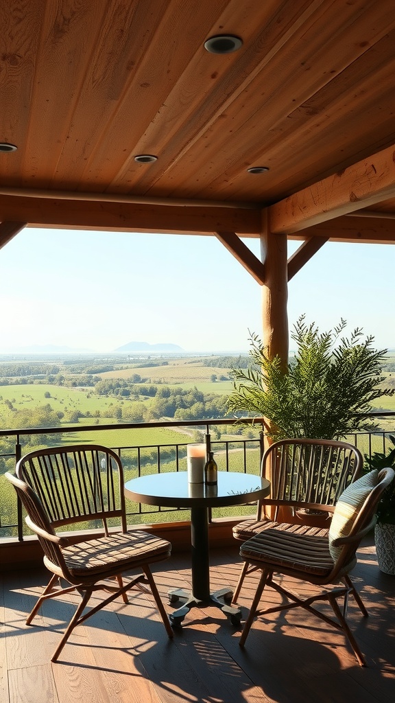 A rustic outdoor coffee nook with wooden chairs and a table overlooking a scenic landscape.