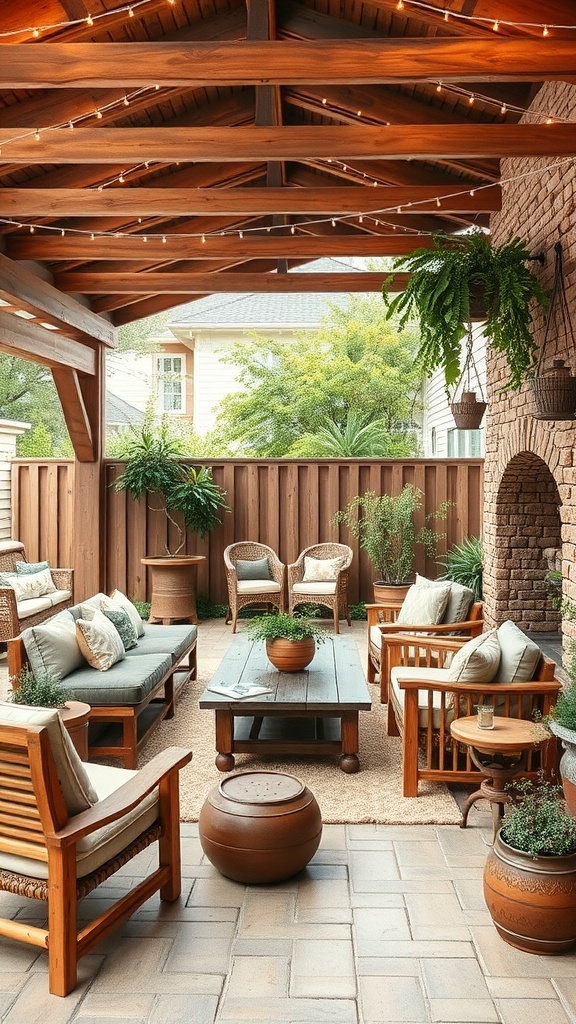 A rustic outdoor living area with wooden furniture, plants, and warm lighting.