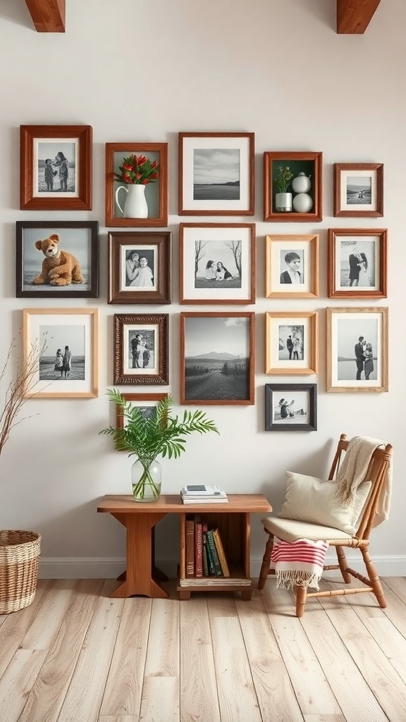 A collection of rustic picture frames displaying various black and white photos and decorative elements on a wall.