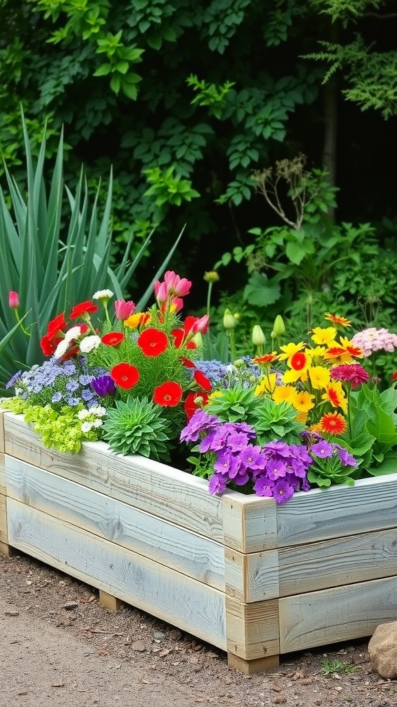 A rustic raised garden bed filled with colorful flowers.