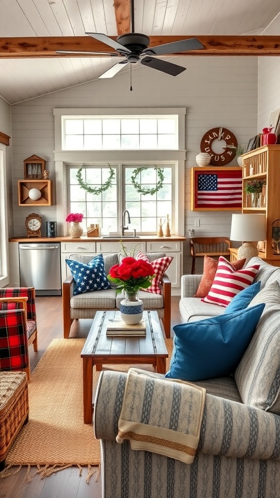 Cozy farmhouse living room decorated in red, white, and blue for summer.