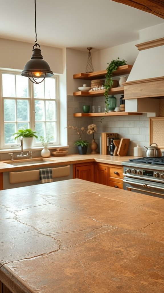 A stylish kitchen featuring a soapstone countertop with dark cabinets and decorative items on shelves.