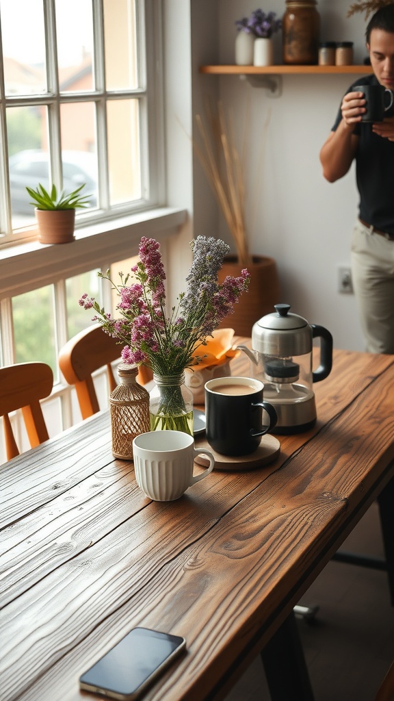 A rustic wooden table with coffee mugs and flowers, illuminated by natural light.
