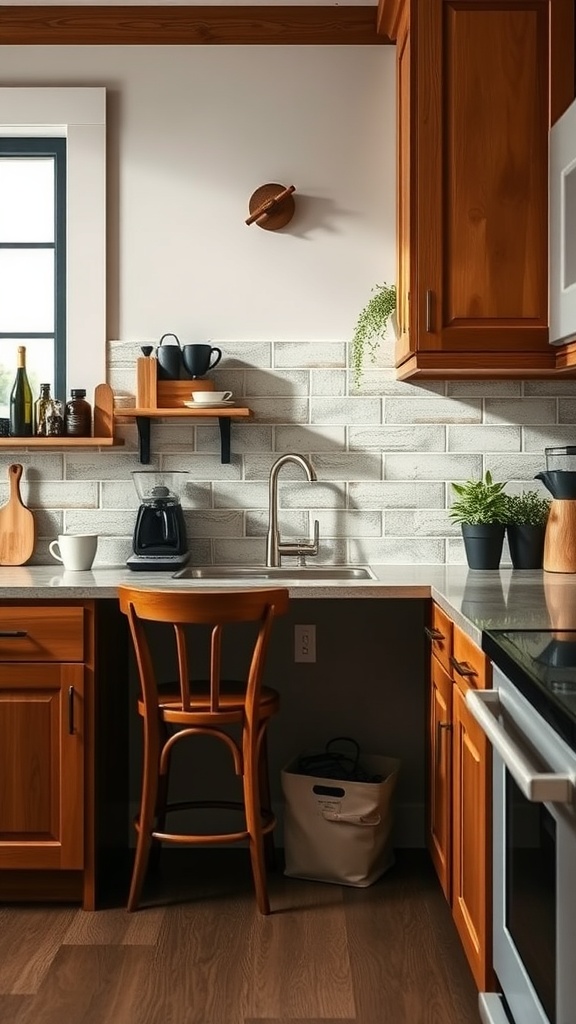 Cozy coffee nook with rustic tile backsplash and wooden cabinets