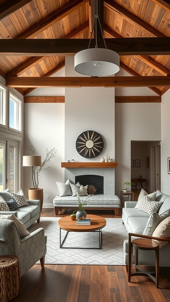 A contemporary farmhouse living room featuring rustic wood accents with exposed beams and wooden furniture.