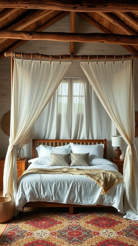 A cozy bedroom featuring rustic wood beams, soft linen curtains, and warm decor.