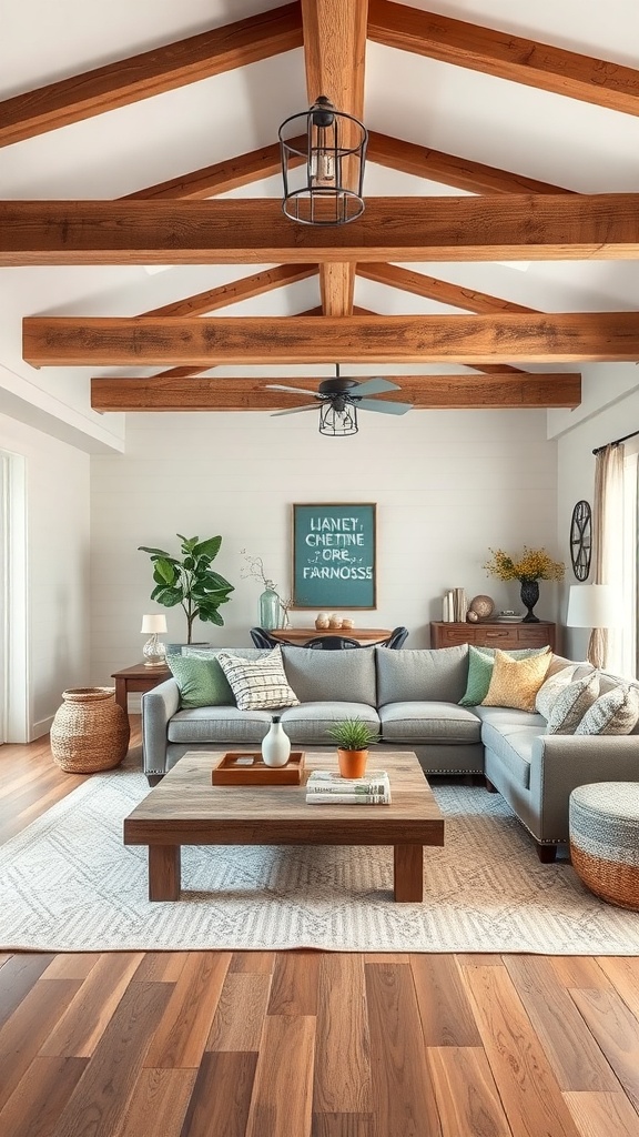 A cozy living room featuring rustic wood beams, neutral tones, and comfortable furniture.