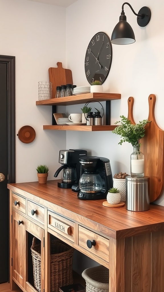 A rustic wood countertop coffee bar with coffee maker, mugs, and plants.