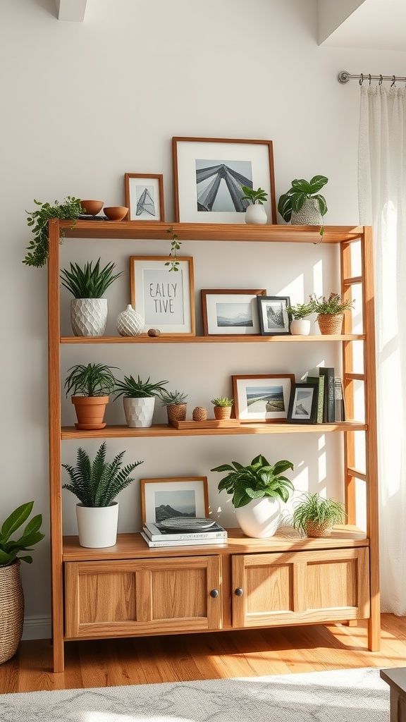 Rustic wood display shelves filled with plants and framed pictures.