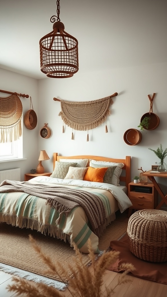 A cozy boho chic bedroom featuring rustic wood elements, including a wooden bed frame, woven baskets, and warm textiles.