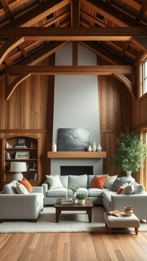 A cozy farmhouse living room featuring rustic wooden beams and soft furnishings.