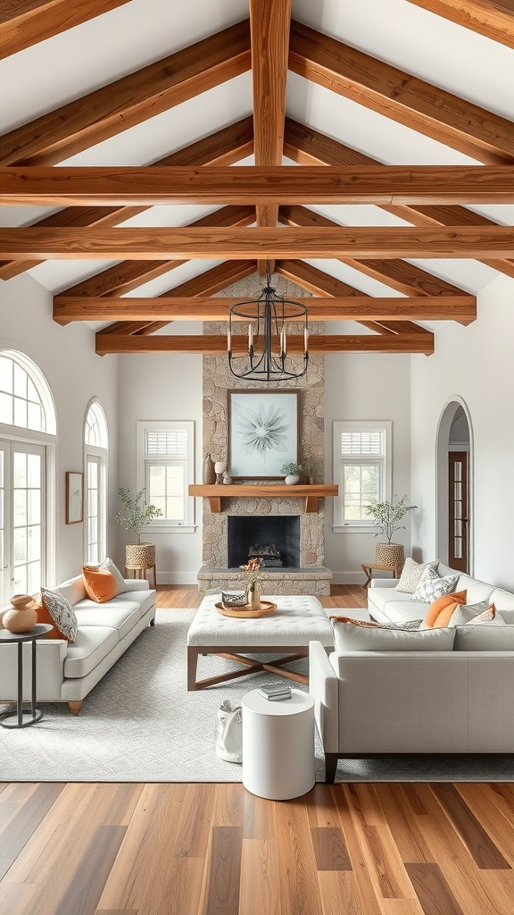A living room featuring rustic wooden beams and modern decor.