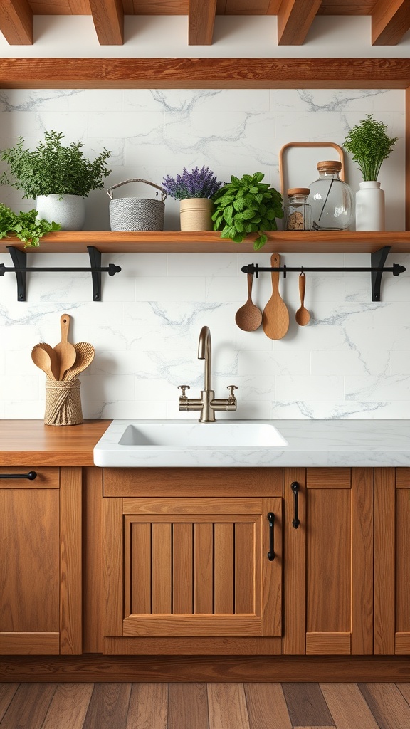Rustic wooden countertop with open shelving displaying plants and kitchen utensils.