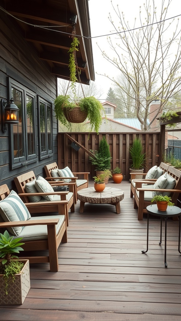 Cozy seating area on a rustic wooden deck with plants and elegant textiles.