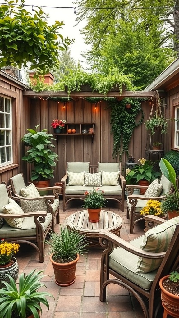 A cozy courtyard lounge featuring rustic wooden furniture surrounded by greenery.