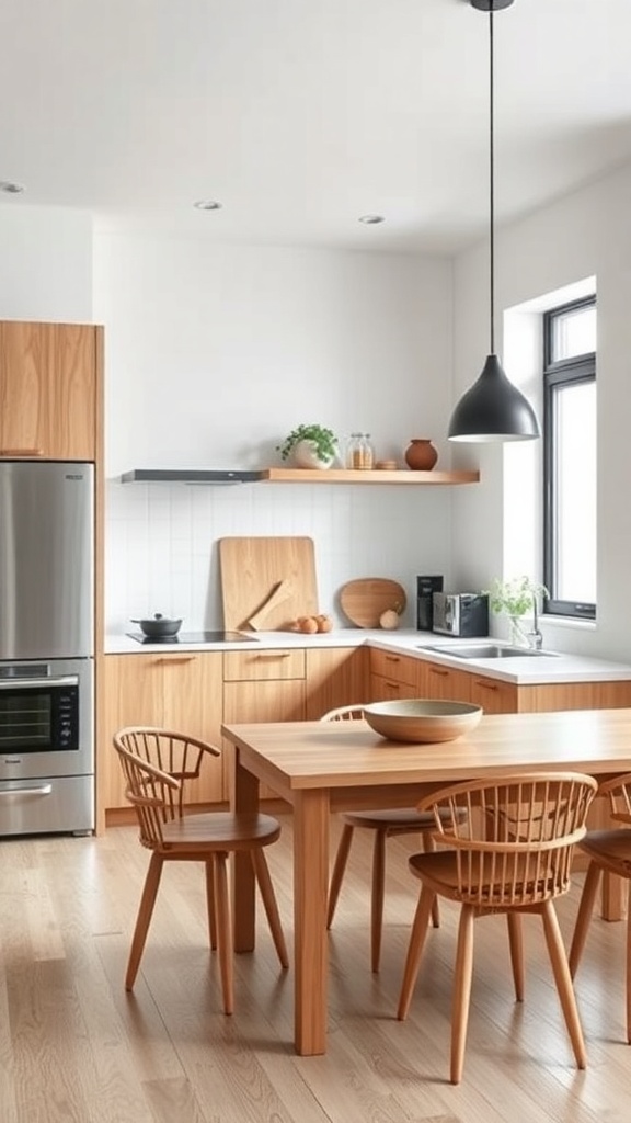 A modern kitchen featuring warm wood cabinetry, a wooden dining table, and minimalist decor.