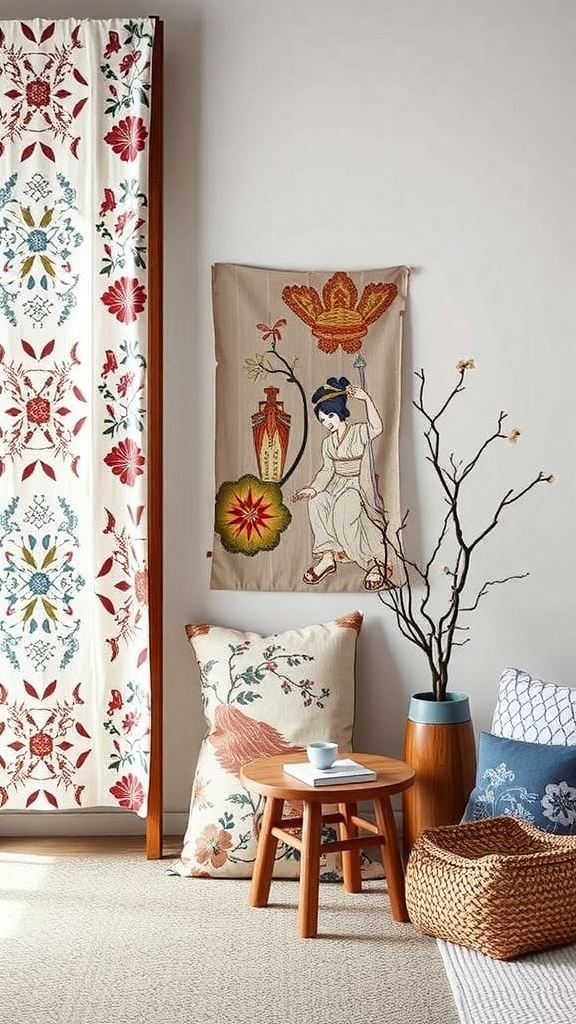 A cozy interior featuring Scandi textiles with Japanese patterns, including floral designs and soft colors.