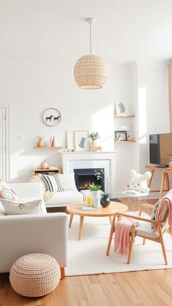 A bright and cozy Scandinavian-inspired living room with plants, wooden furniture, and colorful decor.