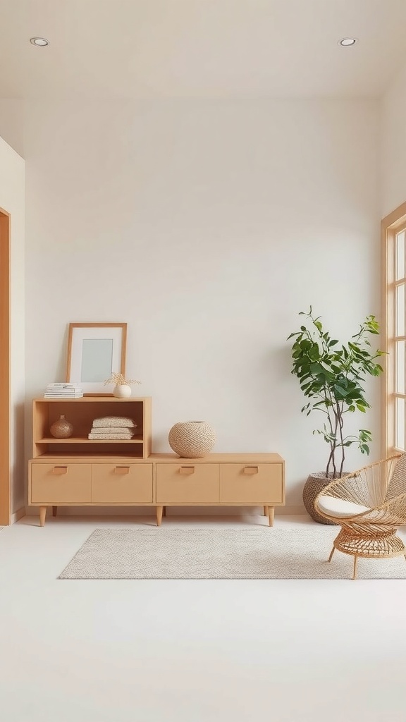 A cozy interior featuring a Scandinavian color palette with neutral tones and natural materials.