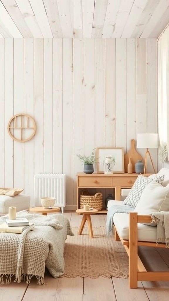 A cozy Scandinavian interior with light wood accents and soft textiles.