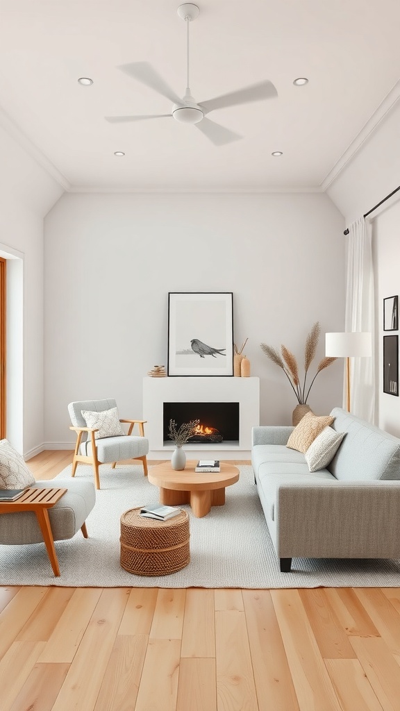 A minimalist Scandinavian living room with a cozy atmosphere.