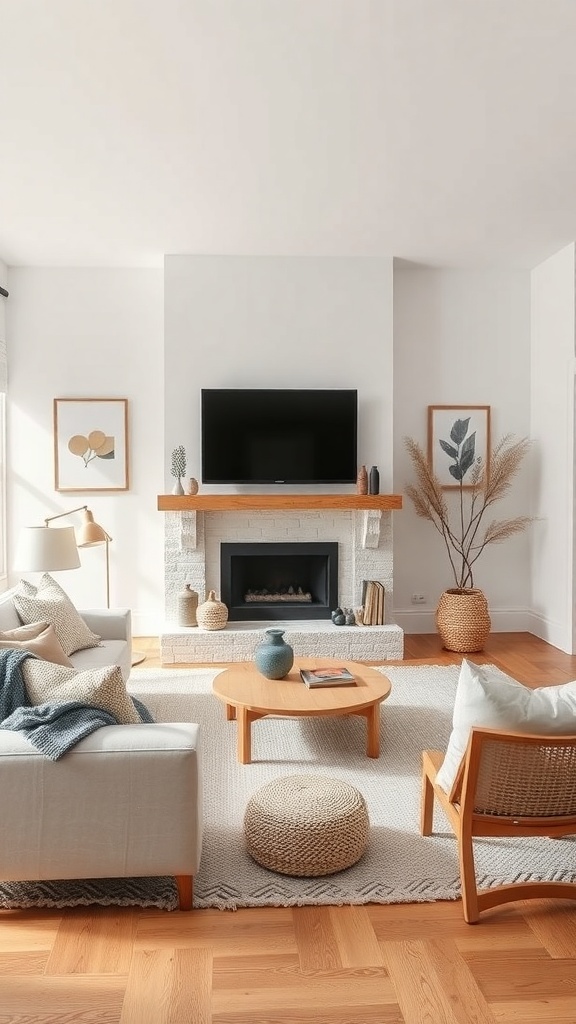 A cozy Scandinavian living room featuring a light wood sofa, neutral colors, and minimal decor.