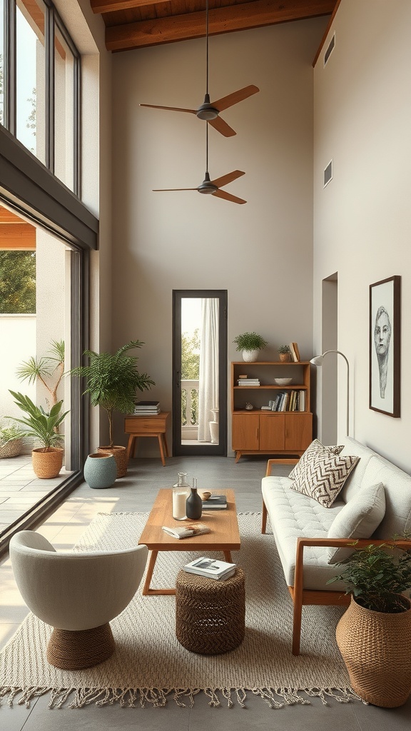 A modern living room with large windows, cozy furniture, and plants, showcasing a seamless indoor-outdoor flow.