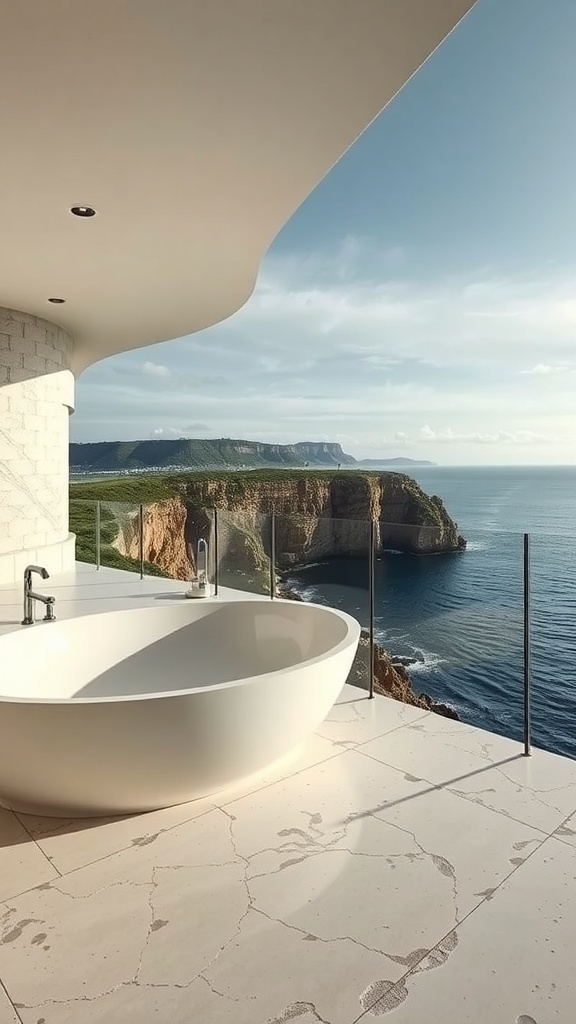 A modern bathroom with a freestanding bathtub overlooking a cliff and the ocean.
