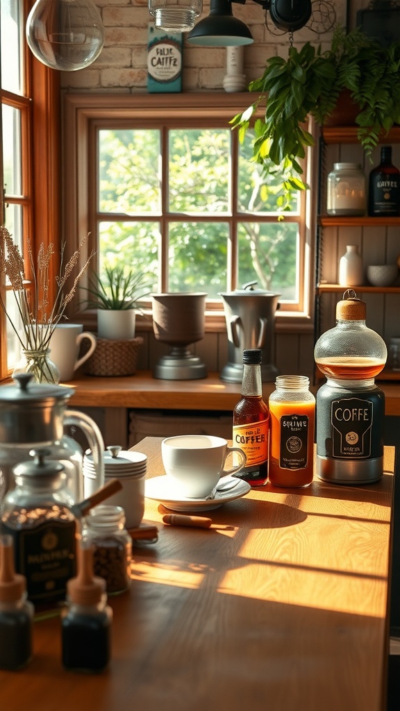 A cozy coffee station with various flavored syrups and a cup of coffee on a wooden table.
