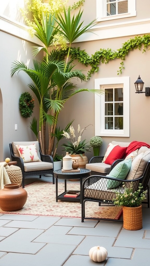 A stylish courtyard lounge with comfortable seating, seasonal decor, and greenery.