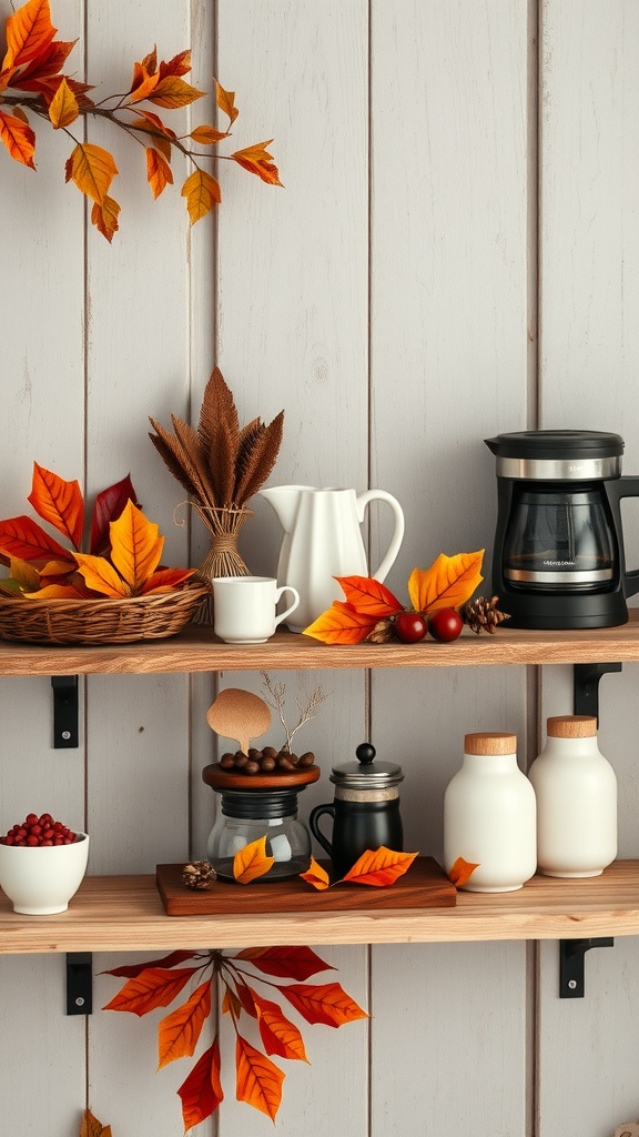 A cozy coffee nook decorated with autumn leaves and rustic elements.