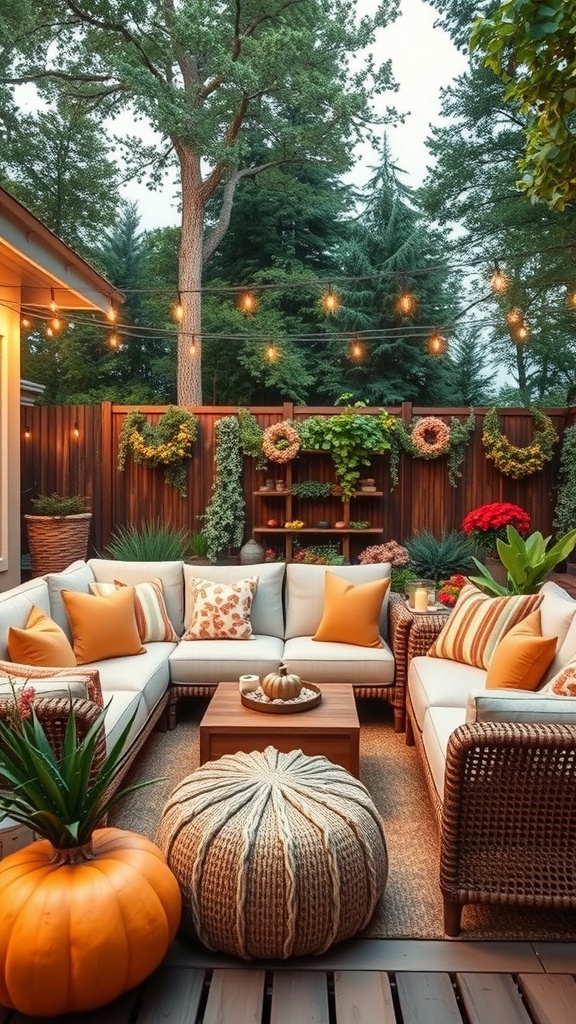 Cozy outdoor lounge with seasonal decor, including pillows, pumpkins, and string lights.
