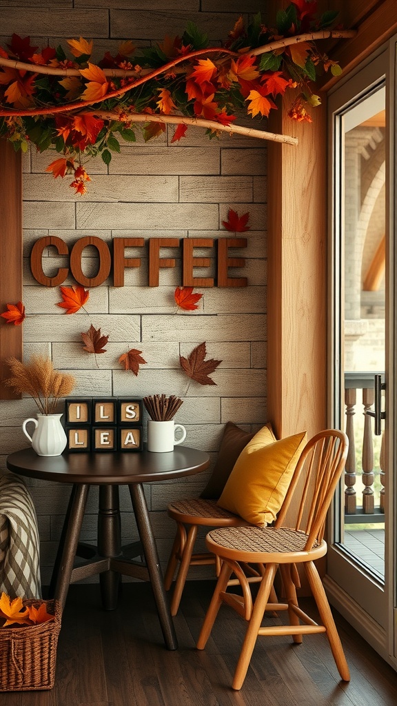 A cozy coffee nook decorated with autumn leaves and warm colors.