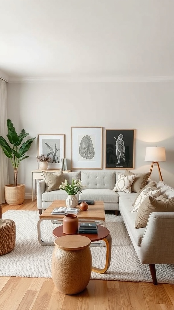 A stylish living room featuring a light gray sofa, wooden coffee table, and seasonal decor elements.