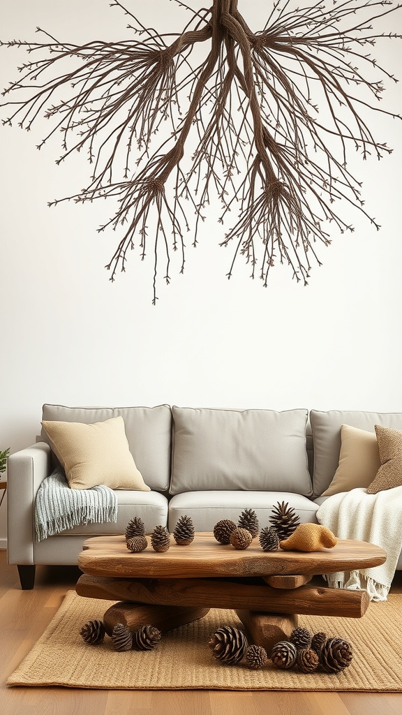 A cozy living room with a wooden table decorated with pinecones and a branch sculpture hanging above.
