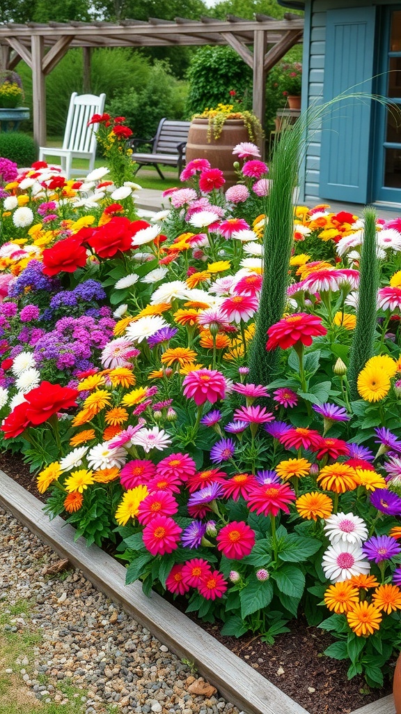A colorful garden filled with various seasonal flowers in a farmhouse setting.