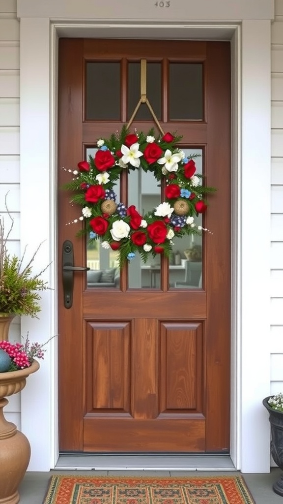 A colorful summer wreath featuring red roses, white flowers, and blue accents hanging on a wooden door.