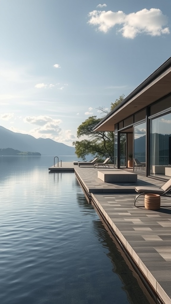 A modern lakeside retreat with a spacious deck overlooking calm waters and mountains.