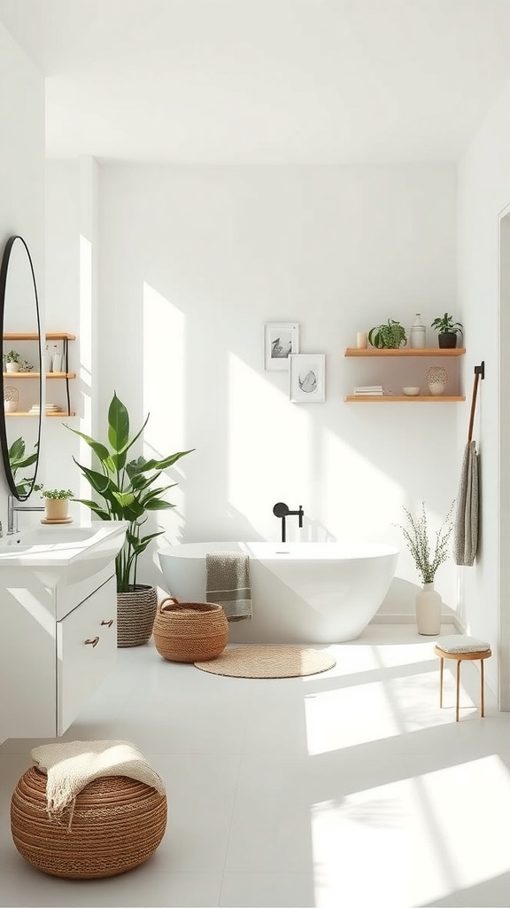 A serene bathroom featuring a freestanding tub, plants, and minimalist decor.