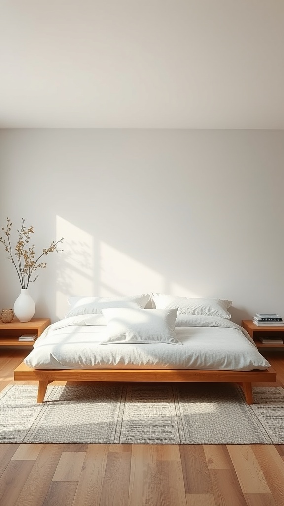 Minimalist bedroom with a bed, bedside tables, a lamp, and plants.