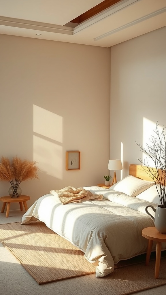 A serene Japandi bedroom featuring soft neutral colors and natural decor.