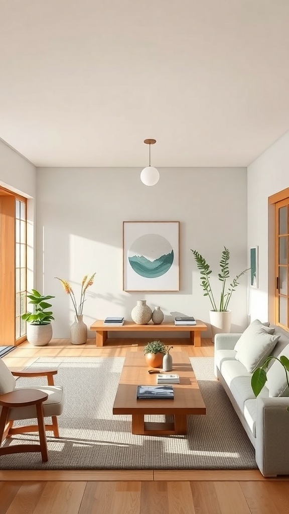 A serene Japanese living room with neutral colors and natural light.