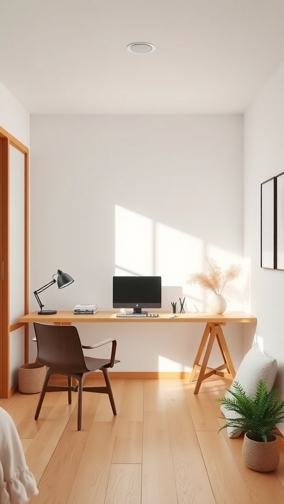 A minimalist home office with a wooden desk, a chair, and a plant.