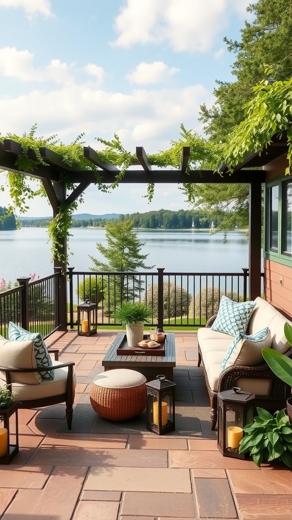 A serene lakeside patio with comfortable seating, lanterns, and a beautiful view of the lake.