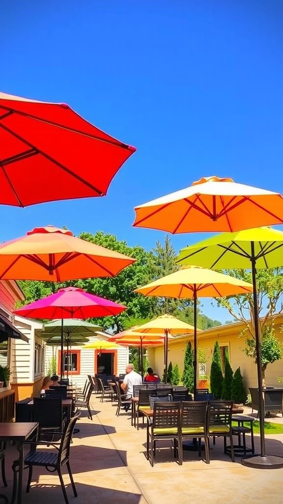 Colorful umbrellas providing shade over a patio with cozy seating and vibrant decor.