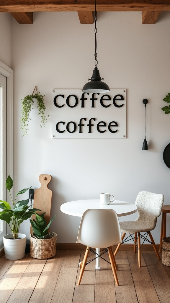 A simple and elegant coffee nook featuring a white table, cozy chairs, and plants.