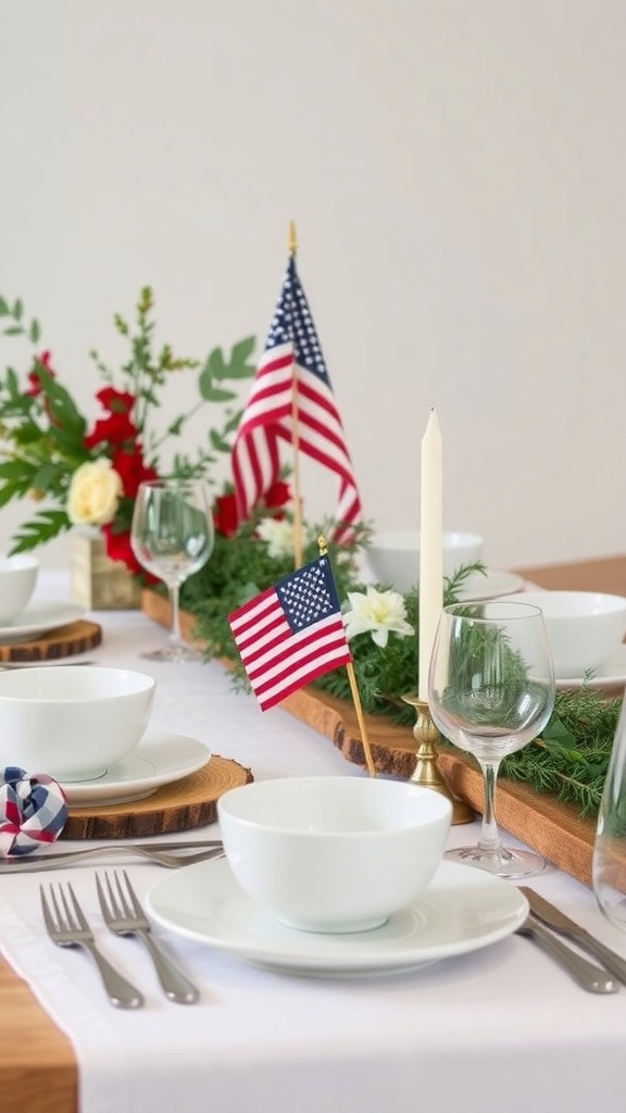Minimalist Fourth of July tablescape with small flags and fresh flowers.