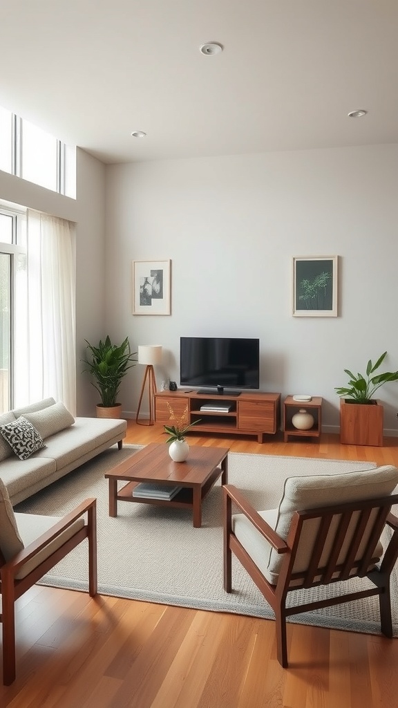 A minimalist Japanese living room featuring wooden furniture, a cozy sofa, and large windows letting in natural light.